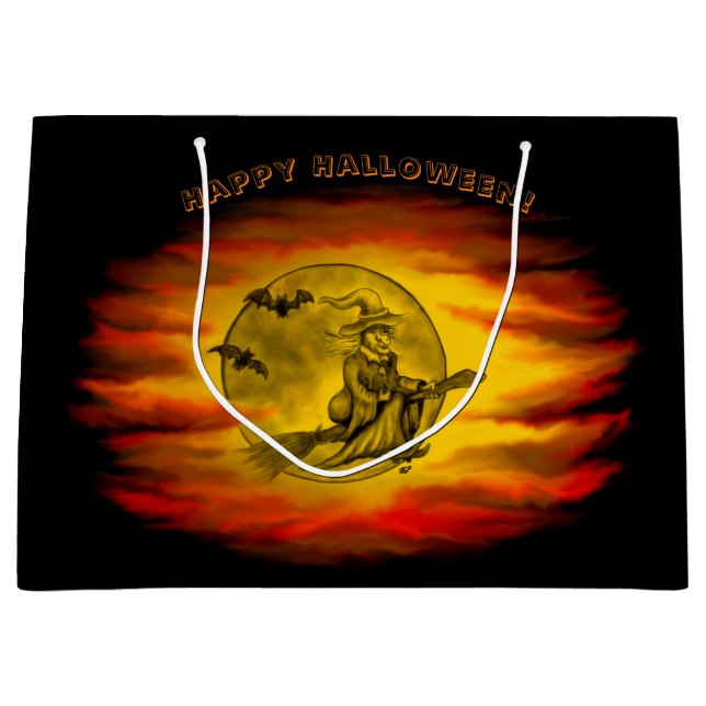 Flying mit schwarzer Katze , halloween night Große Geschenktüte (Vorderseite)