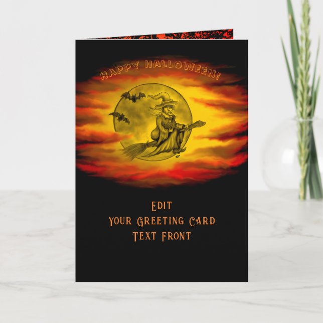 Flying mit schwarzer Katze , halloween night Karte (Vorderseite)