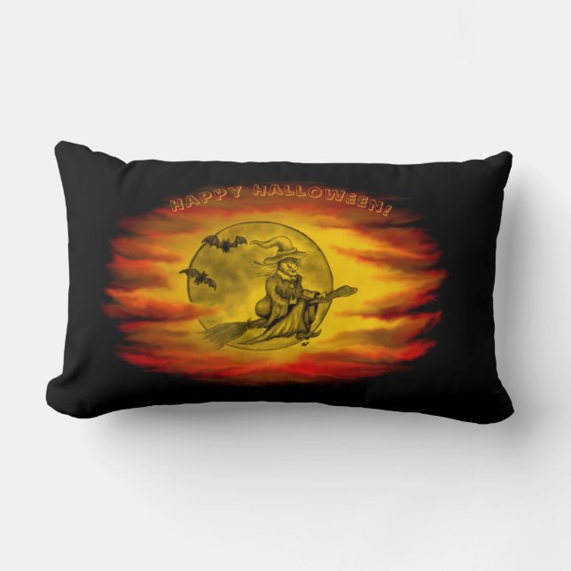 Flying mit schwarzer Katze , halloween night Lendenkissen (Vorderseite)