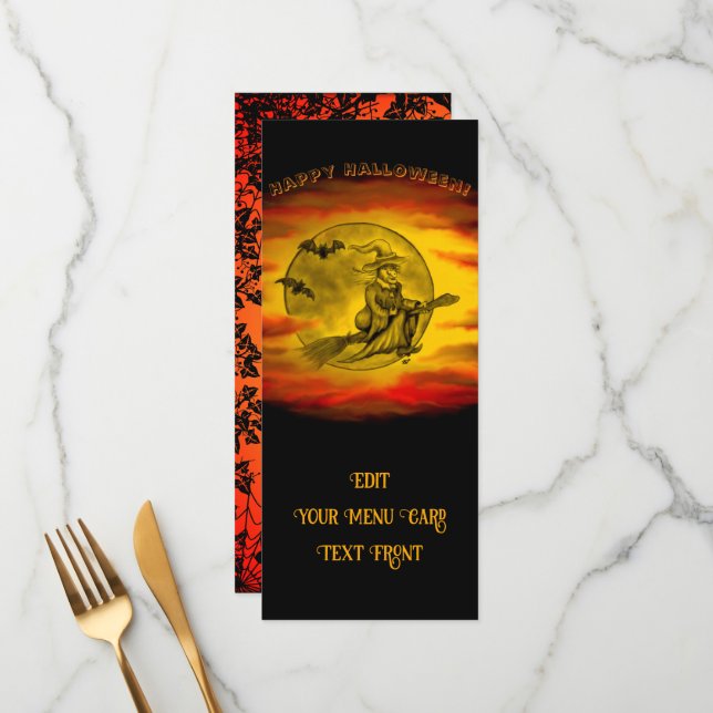 Flying mit schwarzer Katze , halloween night Menükarte (Vorderseite/Rückseite Beispiel)