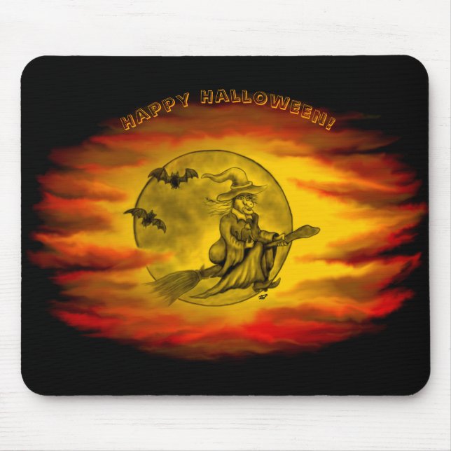 Flying mit schwarzer Katze , halloween night Mousepad (Vorne)