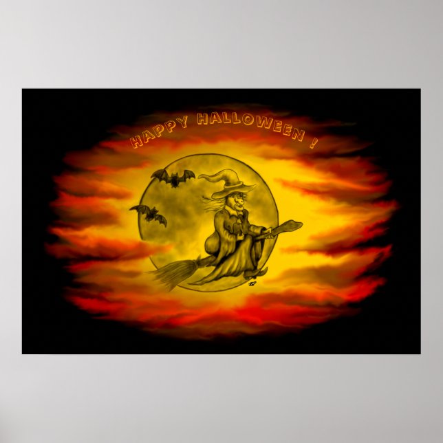 Flying mit schwarzer Katze , halloween night Poster (Vorne)