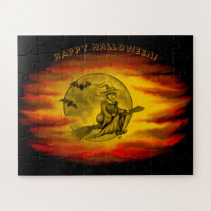 Flying mit schwarzer Katze , halloween night Puzzle
