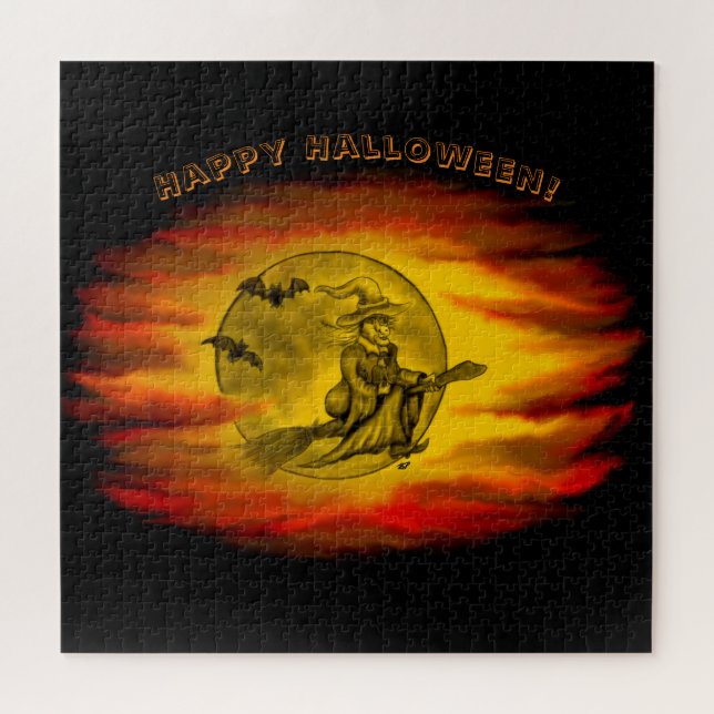 Flying mit schwarzer Katze , halloween night Puzzle (Horizontal)