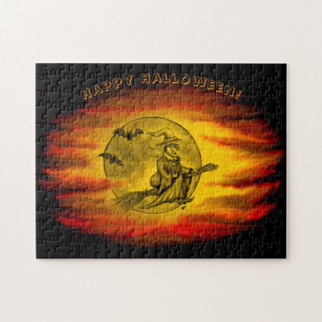 Flying mit schwarzer Katze , halloween night Puzzle (Horizontal)