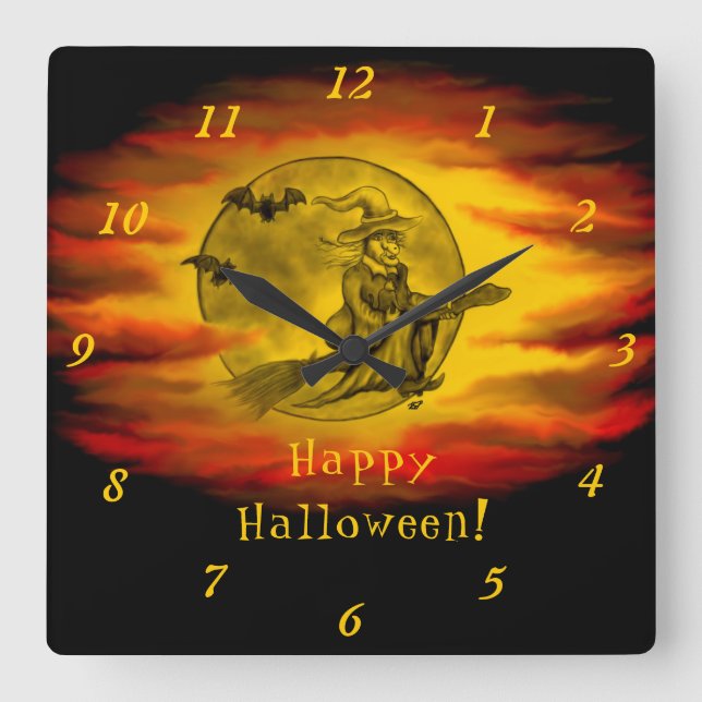Flying mit schwarzer Katze , halloween night Quadratische Wanduhr (Vorderseite)