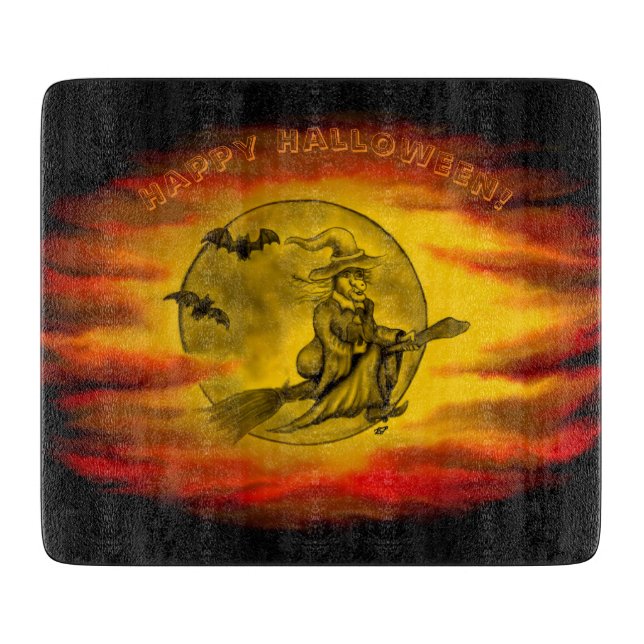 Flying mit schwarzer Katze , halloween night Schneidebrett (Vorderseite)