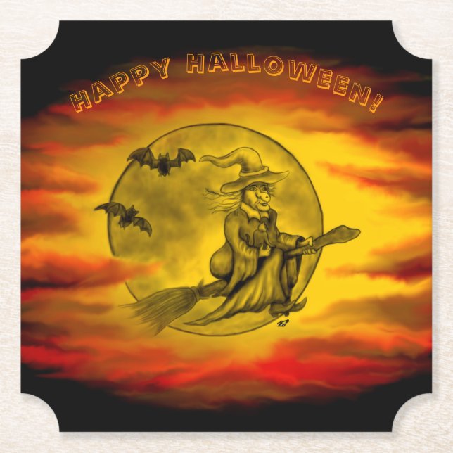 Flying mit schwarzer Katze , halloween night Untersetzer (Vorderseite)