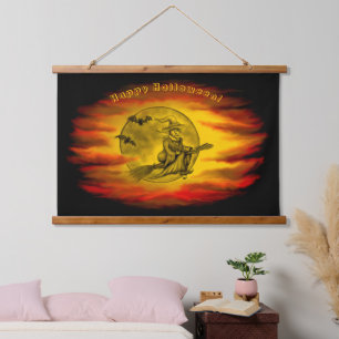 Flying mit schwarzer Katze , halloween night Wandteppich Mit Holzrahmen
