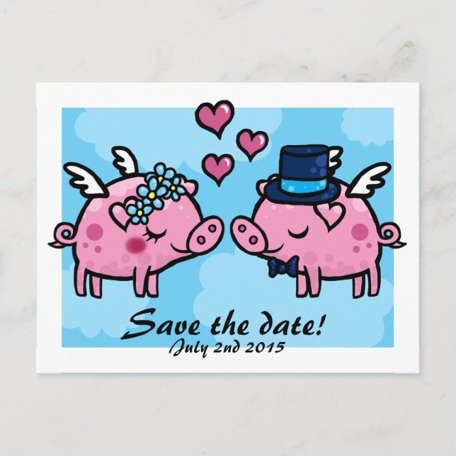 Flying Pig Brie and Groom Save the Date Postkarte (Vorderseite)