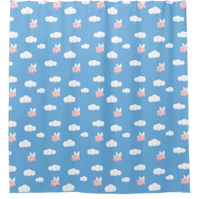 Flying Pig Cute Piglet with Wings on Blue Pattern Duschvorhang (Vorderseite)