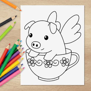 Flying Pig in einer Teacup-Farbseite Gummistempel