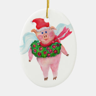Flying Pig mit Krautverzierung Keramik Ornament