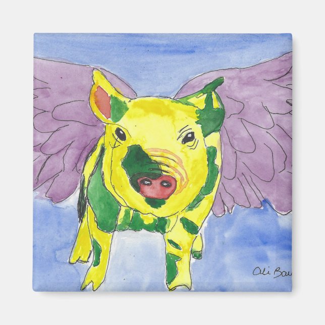 Flying Pig Name Ozzy the Pigasus Wasserfarbe Farbe Magnet (Vorne)