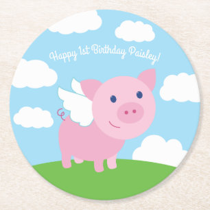 Flying Pig Niedlich Kid's Birthday Party Runder Pappuntersetzer
