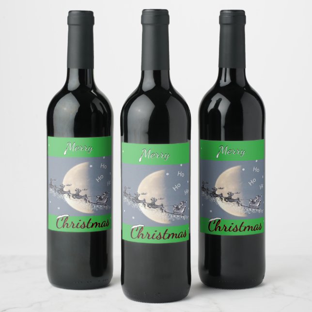 Flying Santa in Reindeer-Sled Christmas Wine Label Weinetikett (Flaschen)