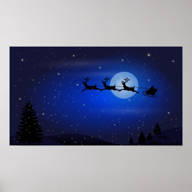 Flying Santa und seine Rentiere in der Nacht Poster (Vorne)