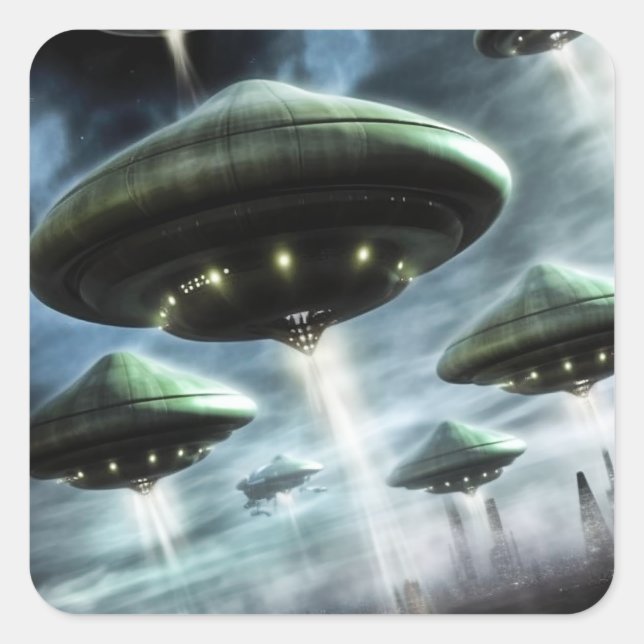 Flying Saucer Invasion Quadratischer Aufkleber (Vorderseite)