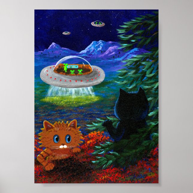Flying Saucer UFO Black Cat Orange Tabby Poster (Vorne)