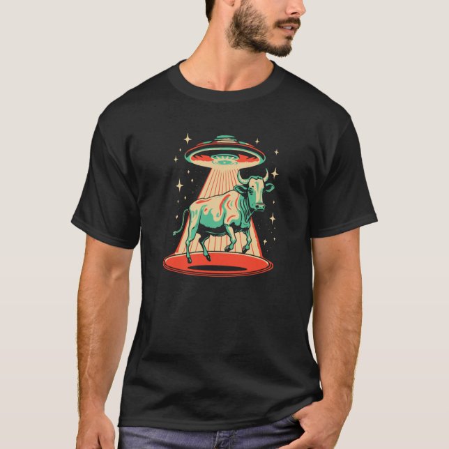 Flying Saucer UFO Cute Cow Abduction Retro 80s T-Shirt (Vorderseite)