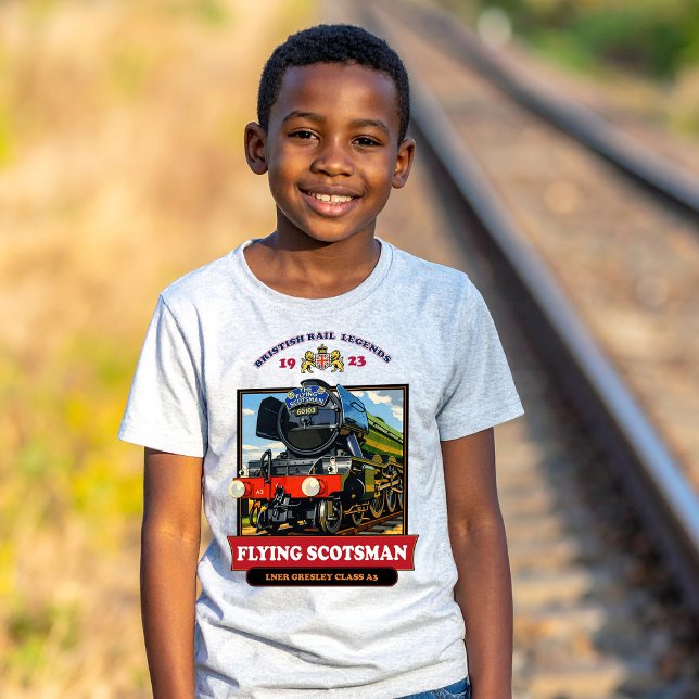 Flying Scotsman 4472 Steam Locomotive Retro Poster T-Shirt (Flying Scotsman Steam Locomotive Vintage Poster. Boy Basic White T-Shirt)