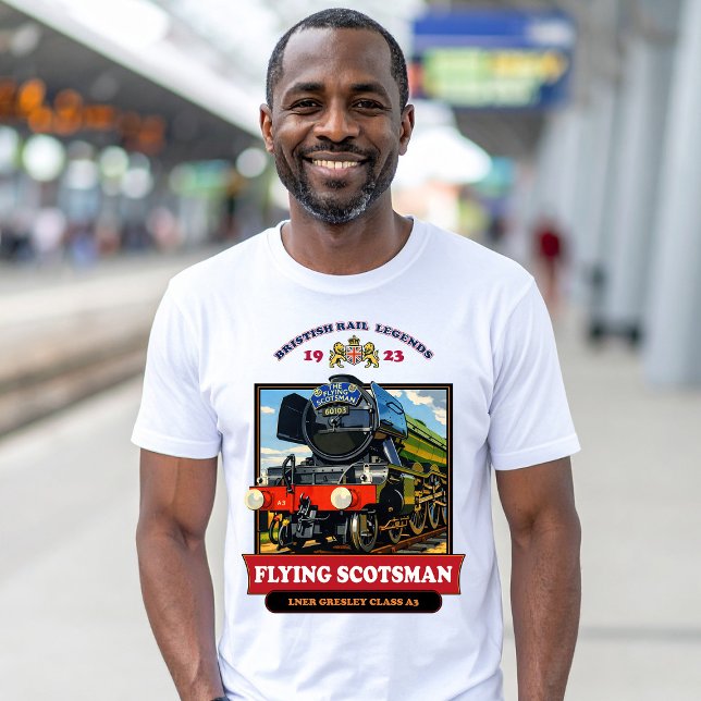 Flying Scotsman 4472 Steam Locomotive Retro Poster T-Shirt (Flying Scotsman Steam Locomotive Vintage Poster. Men Basic White T-Shirt)