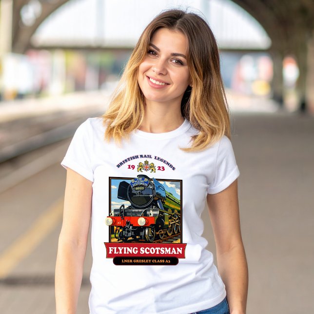 Flying Scotsman 4472 Steam Locomotive Retro Poster T-Shirt (Flying Scotsman Steam Locomotive Vintage Poster. Women Basic White T-Shirt)