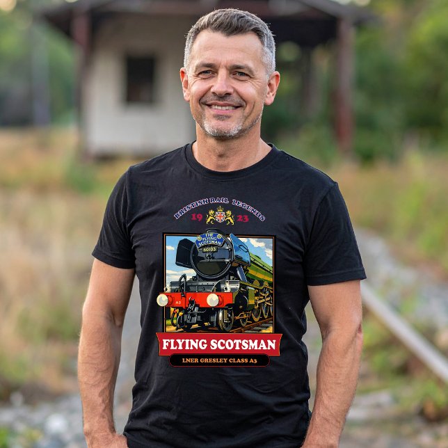 Flying Scotsman Steam Locomotive Vintage Poster T-Shirt (Flying Scotsman Steam Locomotive Vintage Poster. Men Basic Black T-Shirt)