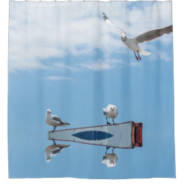 Flying Sitting Seagulls Birds Blue Sky Duschvorhang