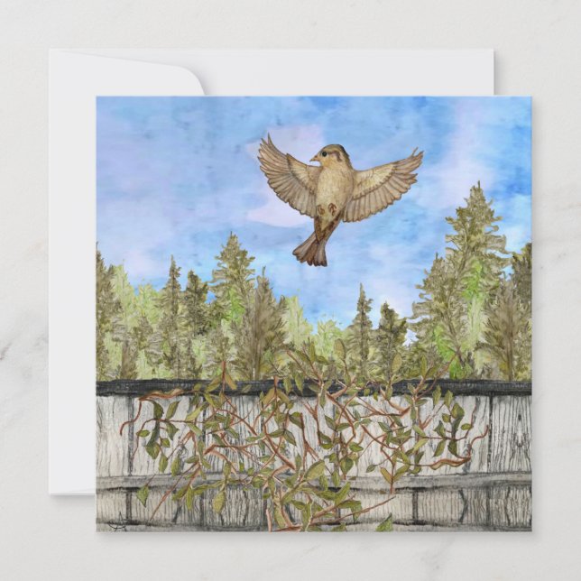 Flying Sparrow Blue Sky Blank Flat Note Card Mitteilungskarte (Vorderseite)