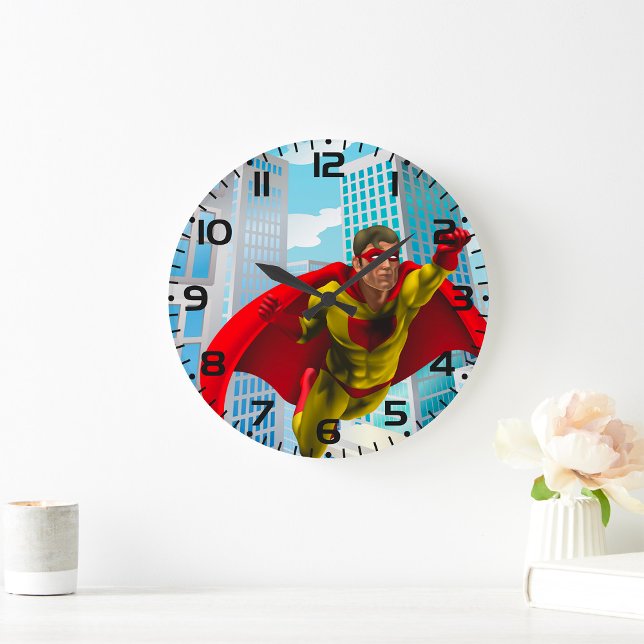 Flying Superhero Comic Style Red and Yellow Held Große Wanduhr (Von Creator hochgeladen)