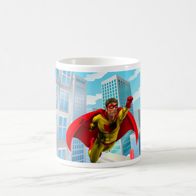 Flying Superhero Comic Style Red and Yellow Held Kaffeetasse (Von Creator hochgeladen)