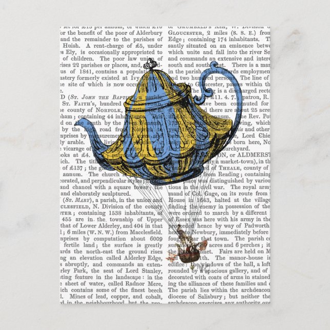 Flying Teapot 3 Blau und Gelb Postkarte (Vorderseite)
