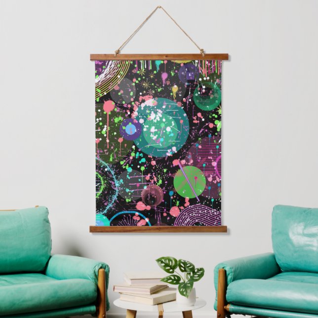 Flying Through Space: A Maximalist Abstract  Wandteppich Mit Holzrahmen (Wohnzimmer)