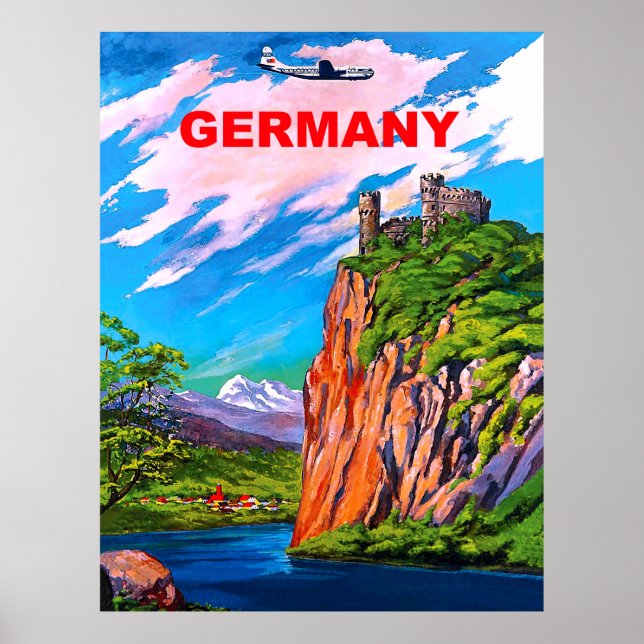 Flying to Germany, Castle on Rhein, Vintag Poster (Vorne)