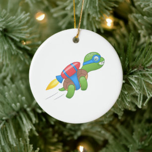 Flying Turtle mit Red Jetpack Keramik Ornament