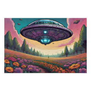 Flying UFOs über die Landschaft der Blume Poster