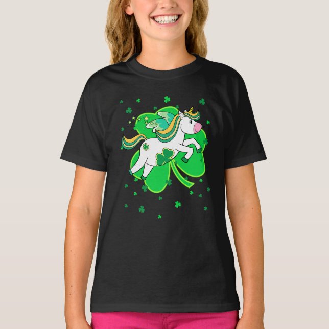 Flying Unicorn St Patricks Day Irish Kleeblatt T-Shirt (Vorderseite)