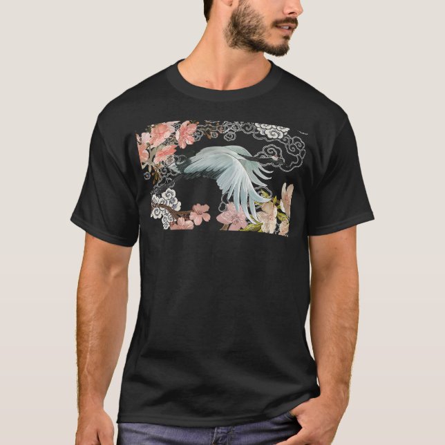 flying white Sandhill Crane Bird Japanese style ar T-Shirt (Vorderseite)