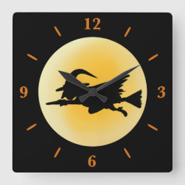 Flying Wicked Hexe Silhouette Round Wall Clock Quadratische Wanduhr