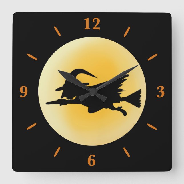 Flying Wicked Hexe Silhouette Round Wall Clock Quadratische Wanduhr (Vorderseite)