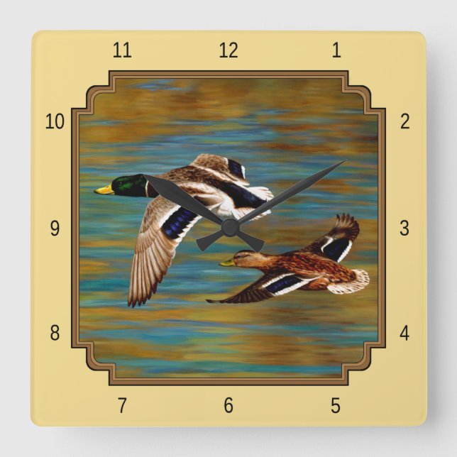 Flying Wild Ducks Yellow Quadratische Wanduhr (Vorderseite)