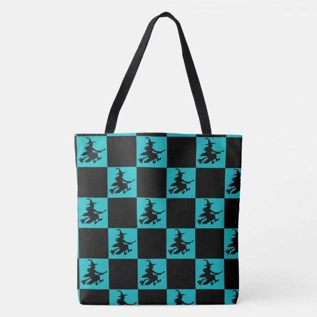 Flying Witch Black & Teal Checkered Tote Bag (Vorderseite)