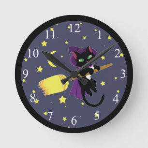 Flying Witch Cat Runde Wanduhr