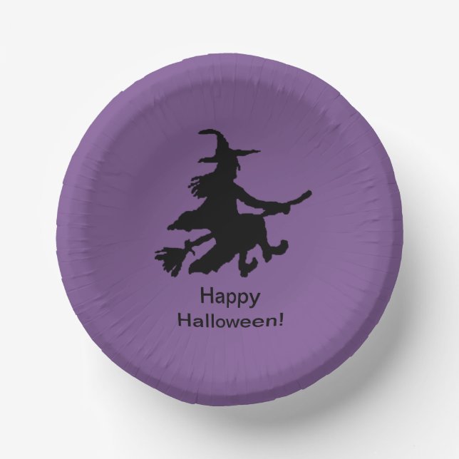 Flying Witch - Lila - Frohes Halloween - Pappteller (Vorderseite)