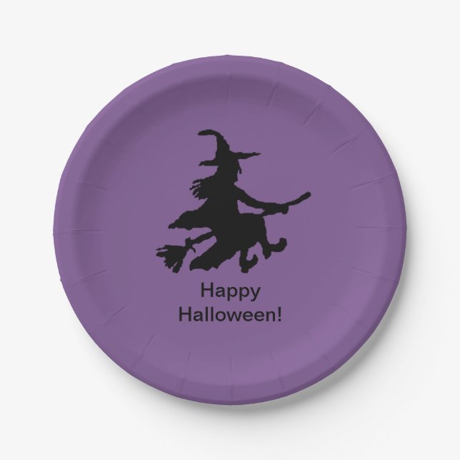 Flying Witch - Lila - Frohes Halloween - Pappteller (Vorderseite)