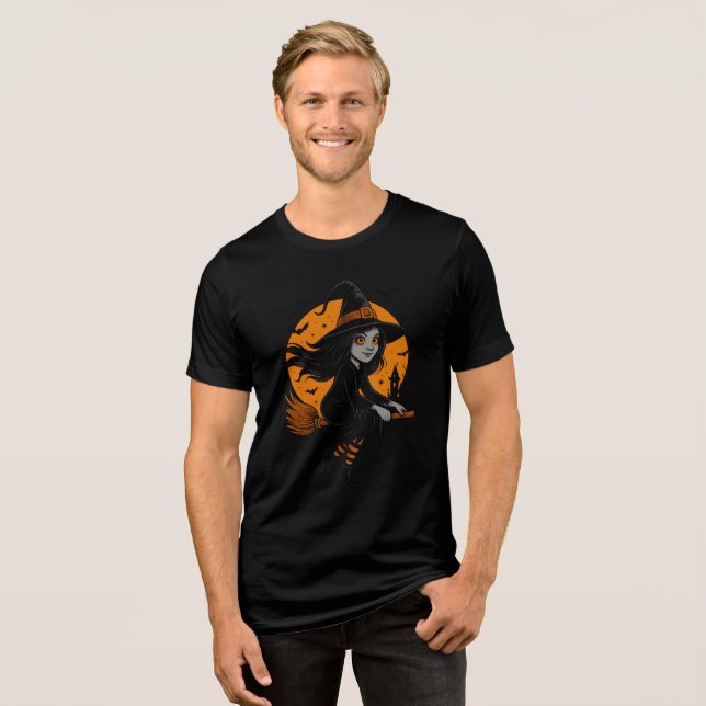 Flying Witch with Orange Moon Art Tri-Blend Shirt (Vorderseite voll)