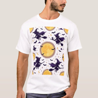 Flying Witches Full Moon Halloween Pattern T-Shirt
