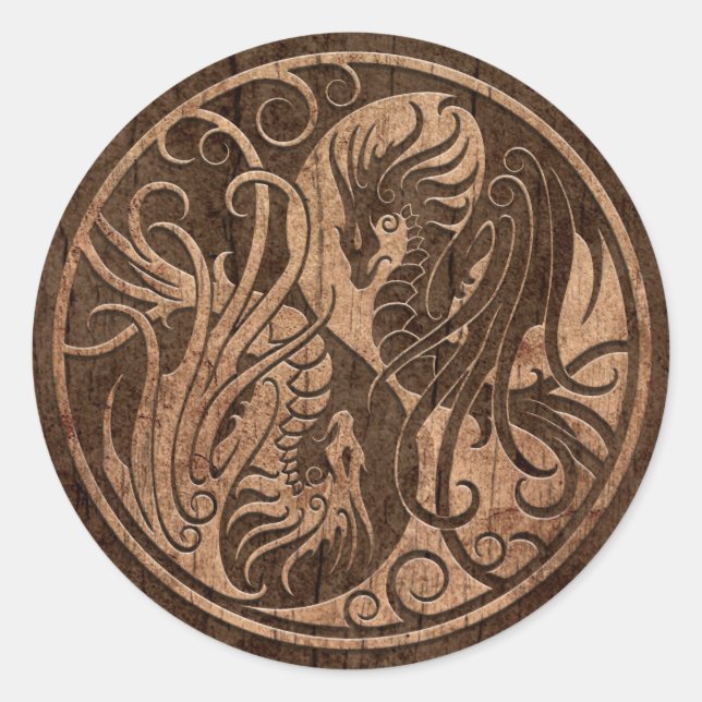 Flying Yin Yang Dragons mit holzkörniger Wirkung Runder Aufkleber (Vorderseite)