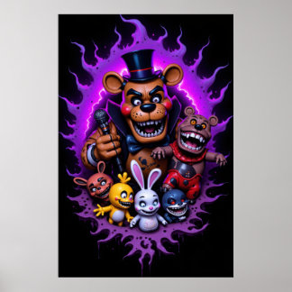 FNAF-animierte Charaktere versammeln sich mit Lila Poster